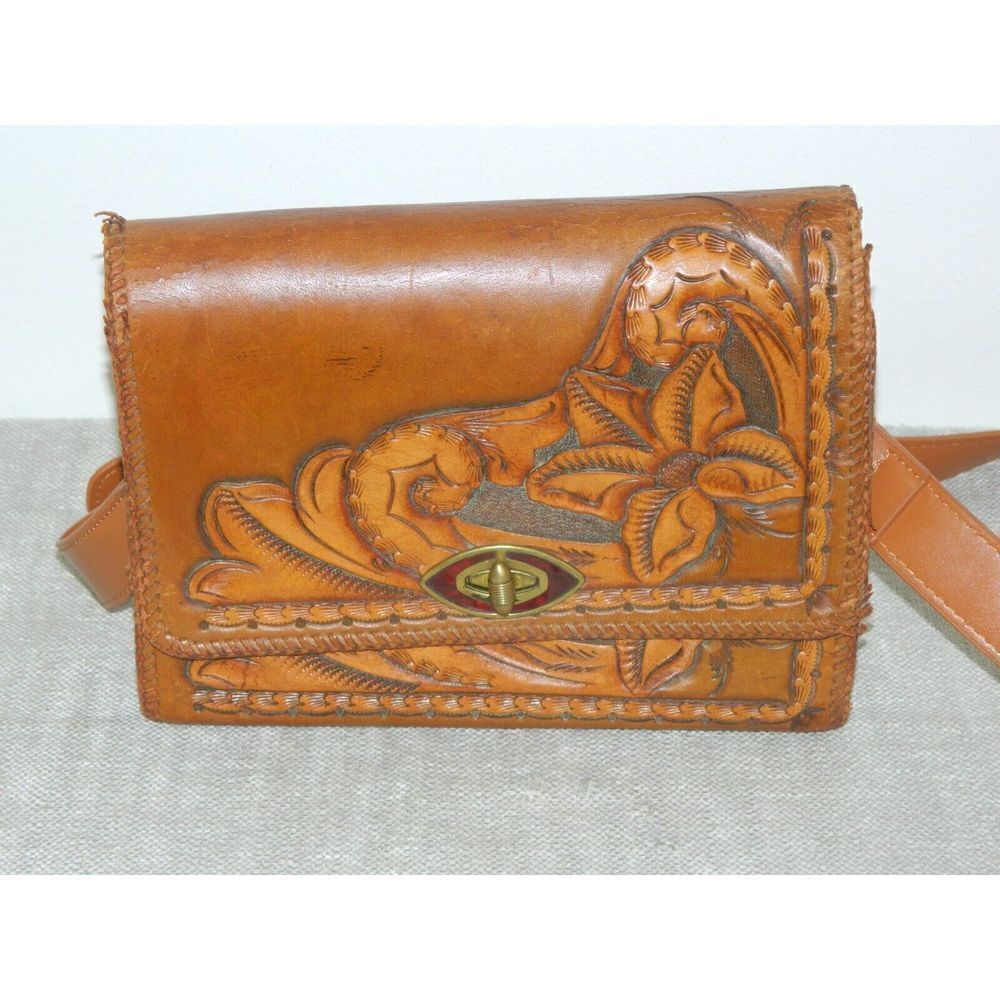 Leather Folk Art Handbag Purse Brown Mid Century Vintage Hand Tooled Brown